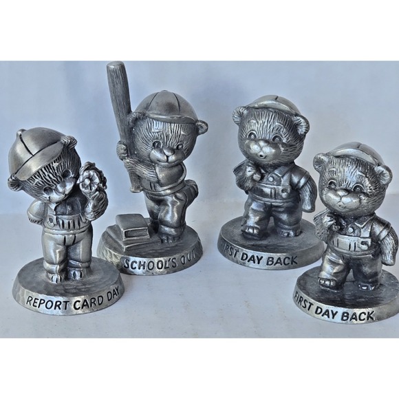 Vintage 1983 Set of 4 Fine Pewter Avon School Themed Teddy Bear Figurines - Picture 2 of 10